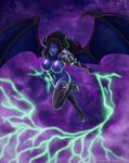  armor big_breasts black_hair boots breasts clothed clothing demon female footwear glowing glowing_eyes green_eyes hair horn legwear lightning long_hair lynie membranous_wings nipple_chain nipple_piercing nipples not_furry piercing pussy skimpy solo spade_tail succubus thigh_high_boots wings 