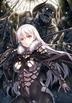  armor bodysuit breasts cape chain fur_trim gloves horns keg lips long_hair medium_breasts monster original over_shoulder parted_lips silver_hair snowing solo sword sword_over_shoulder weapon weapon_over_shoulder yellow_eyes 