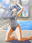  arm_over_head blue_eyes bow braid competition_swimsuit ekus_(xo_ekus) hair_bow izayoi_sakuya kneeling one-piece_swimsuit rei_no_pool silver_hair solo swimsuit touhou twin_braids wet 