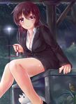  blush breasts brown_hair business_suit cleavage dog eyewear_removed formal glasses highres holding holding_eyewear large_breasts long_hair no_socks office_lady open_clothes open_shirt original rain shirt snail solo suit wet zongmao 