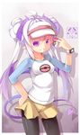  breasts cosplay cowboy_shot hand_on_hip horns legwear_under_shorts long_hair mei_(pokemon) mei_(pokemon)_(cosplay) mofetousu_furuna original pantyhose pointy_ears poke_ball pokemon pokemon_(game) pokemon_bw2 purple_eyes purple_hair saru shorts small_breasts smile solo tail 