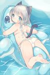  animal_ears ass bikini blue_eyes blush cat_ears cat_tail flat_chest frilled_bikini frills inflatable_toy looking_at_viewer looking_back lying okayu_(headless) on_stomach sanya_v_litvyak short_hair silver_hair solo strike_witches swimsuit tail white_bikini world_witches_series 