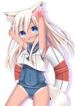  animal_ears arms_up blonde_hair blue_eyes dog_ears dog_tail esureki flower hair_flower hair_ornament innertube kantai_collection kemonomimi_mode long_hair looking_at_viewer one-piece_swimsuit open_mouth ro-500_(kantai_collection) school_swimsuit school_uniform serafuku smile solo swimsuit swimsuit_under_clothes tail tan tanline very_long_hair 