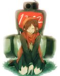  ayano_no_koufuku_riron_(vocaloid) between_legs brown_hair closed_eyes hair_ornament hairclip hand_between_legs happy kagerou_project kneehighs loafers projector red_scarf scarf school_uniform shizu_(9394marimo) shoes sitting skirt smile solo tateyama_ayano television wariza 