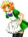  alternate_costume apron bent_over black_legwear blonde_hair blush bow dress enmaided garter_straps green_dress green_eyes highres maid maid_apron maid_headdress mizuhashi_parsee mono_(moiky) pointy_ears puffy_short_sleeves puffy_sleeves short_sleeves solo thighhighs touhou transparent_background wavy_mouth zettai_ryouiki 