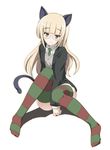  animal_ears between_legs blonde_hair blush cat_ears cat_tail cosplay glasses hand_between_legs hime_cut jacket long_hair lynette_bishop lynette_bishop_(cosplay) military military_uniform necktie ouhashi perrine_h_clostermann solo strike_witches striped striped_legwear tail thighhighs uniform vest world_witches_series yellow_eyes 