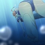  ahoge ass barefoot feet gojarun hair_ornament i-58_(kantai_collection) kantai_collection looking_at_viewer looking_back open_mouth pink_hair school_swimsuit school_uniform serafuku short_hair solo swimsuit swimsuit_under_clothes torpedo underwater 