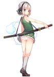  adapted_costume black_hairband blue_eyes breasts full_body hairband katana konpaku_youmu konpaku_youmu_(ghost) panties pantyshot sheath sheathed short_hair silver_hair simple_background sleeveless small_breasts solo sword touhou underwear weapon yukizumi_remon 