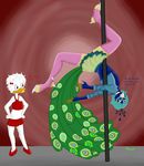  anthro avian beak bird clothing crossdressing cyan_hair dancing danny_(vampiresacrifice) dialogue digitigrade duck duo eye_contact feathers high_heels huey_duck legwear male midriff navel peafowl pole pole_dancing skirt standing talons text thigh_highs vampiresacrifice vest 