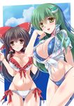  alternate_costume bare_legs bare_shoulders bikini blue_bikini breast_press breasts brown_eyes brown_hair cleavage frilled_bikini frills frog_hair_ornament front-tie_top green_hair hair_between_eyes hair_ornament hakurei_reimu kochiya_sanae large_breasts long_hair looking_at_viewer midriff multiple_girls navel shiny shiny_skin side-tie_bikini snake_hair_ornament swimsuit thigh_gap touhou underboob wet wet_clothes white_bikini yamu_(reverse_noise) yellow_eyes 