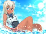  afloat blonde_hair blue_eyes blush crop_top flower hair_flower hair_ornament highres kantai_collection lifebuoy long_hair looking_at_viewer lying okomeito one-piece_swimsuit open_mouth partially_submerged ro-500_(kantai_collection) sailor_collar school_swimsuit smile solo swimsuit swimsuit_under_clothes tan tanline water 