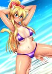  animal_ears aqua_eyes armpits arms_up bikini blonde_hair blush breasts cameltoe cat_ears cat_tail cleavage collarbone large_breasts long_hair looking_at_viewer navel nokoppa ocean one-piece_tan original partially_submerged ponytail smile solo squatting swimsuit tail tan tanline wet 