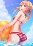  ass ball beachball bikini blonde_hair breasts highres kantai_collection long_hair medium_breasts n@ss open_mouth prinz_eugen_(kantai_collection) smile solo striped striped_swimsuit swimsuit twintails wading 