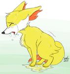  2014 canine crying eyes_closed fennekin feral fox fur male mammal nintendo nude omorashi open_mouth paws peeing pok&eacute;mon shaking sigh solo standing tears teeth tongue trembling urine urine_puddle video_games wolftacos yellow_fur 