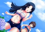  ;d ahsiu bad_id bad_pixiv_id bandeau belt black_hair blue_eyes blue_sky breasts brown_eyes cleavage cloud d: day denim denim_shorts dutch_angle flower highres hose hydrangea looking_at_viewer medium_breasts multiple_girls one_eye_closed open_mouth original outdoors plant short_hair short_shorts shorts sky smile standing tank_top water wet wet_clothes yellow_eyes 