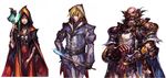  2boys armor artist_request beard blonde_hair blue_eyes breasts brown_hair cape copyright_request elf facial_hair highres long_hair medium_breasts multiple_boys pointy_ears smile sorceress staff tattoo 