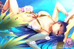  absurdres afloat artist_name bangle bangs bikini blue_hair blurry bracelet breasts dean depth_of_field eyelashes flower front-tie_bikini front-tie_top hat hat_flower hat_ribbon highres jewelry kasumi_(shironeko_project) knee_up large_breasts leaf long_hair lying navel on_back parted_lips partially_submerged purple_eyes red_ribbon ribbon ribbon-trimmed_bikini ribbon-trimmed_swimsuit ribbon_trim sandals shironeko_project side-tie_bikini solo sparkle sun_hat swimsuit water wet white_bikini 
