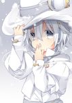  arm_up covering covering_mouth hand_on_headwear hand_on_own_face hat kazato_fuuchi long_sleeves looking_at_viewer original puffy_long_sleeves puffy_sleeves short_hair silver_eyes solo upper_body white white_hair white_hat 