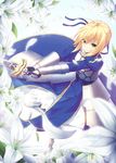  ahoge armor artoria_pendragon_(all) blonde_hair dress excalibur fate/stay_night fate_(series) flower gauntlets green_eyes hair_ribbon highres long_dress long_hair nagishiro_mito petals ribbon saber smile solo sword weapon 