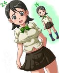  age_comparison black_eyes blue_legwear brown_hair brown_skirt character_age dutch_angle hand_on_hip inazuma_eleven inazuma_eleven_(series) isu kino_aki looking_at_viewer lowres navel open_mouth skirt socks when_you_see_it 