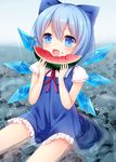  amashiro_natsuki bad_id bad_pixiv_id blue_dress blue_eyes blue_hair bow cirno dress eating food food_on_face fruit hair_bow highres ice ice_wings open_mouth sitting solo touhou water watermelon wings 