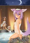  3girls :o ;/ animal_ears asymmetrical_horns bare_shoulders black_sclera blue_hair blush breasts brown_hair censored colored_eyelashes covering crescent_moon dark_skin flat_chest fox_ears fox_tail frown goyan highres horns looking_at_viewer monster_girl moon multiple_girls naked_towel naughty_face night night_sky one_eye_closed onsen open_mouth original partially_submerged pointy_ears purple_eyes purple_hair red_eyes rock short_hair skeletal_arm sky small_breasts smile symbol-shaped_pupils tail towel towel_lift towel_on_head uneven_eyes v-shaped_eyebrows water wet wet_towel white_towel yellow_eyes 