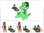  1boy 2girls border breast_grab breasts dc dc_comics grabbing green_lantern large_breasts leotard multiple_girls popcorn power_girl simple_background wonder_woman yuri 