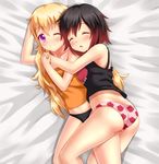  2girls ass bed black_hair black_panties blonde_hair blush breasts butt_crack cuddling eyes_closed fast-runner-2024 gradient_hair hug long_hair multicolored_hair multiple_girls open_mouth panties pink_panties print_panties purple_eyes red_hair red_rose rose ruby_rose rwby short_hair siblings sisters sleeping underwear very_long_hair yang_xiao_long yuri 