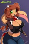  anthro big_breasts bovine breasts brown_fur brown_hair cattle chalo clothed clothing female fur green_eyes hair horn huge_breasts las_lindas long_hair mammal mora_linda open_mouth smile solo thick_thighs voluptuous wide_hips 