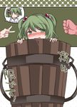  bad_id bad_pixiv_id blush bucket green_hair hair_between_eyes hair_bobbles hair_ornament hammer_(sunset_beach) hands in_bucket in_container japanese_clothes kisume o_o rock_paper_scissors short_hair solo_focus strip_game sweat touhou translated twintails wooden_bucket 