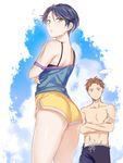  1girl ass bad_id bad_twitter_id blue_hair brown_eyes brown_hair gekkan_shoujo_nozaki-kun green_eyes hori_masayuki kashima_yuu looking_at_viewer mery_(apfl0515) sanpaku short_hair short_shorts shorts 