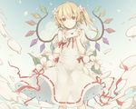  blonde_hair dress envelope flandre_scarlet flower gensou_aporo hair_flower hair_ornament holding letter looking_at_viewer love_letter petals ponytail red_eyes side_ponytail smile solo touhou white_dress wings wrist_cuffs 