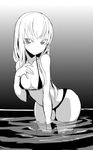  bikini breasts greyscale hand_on_own_chest ken_(koala) long_hair looking_at_viewer md5_mismatch medium_breasts monochrome original short_hair simple_background solo swimsuit water white_background 