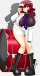  akasode_(tyaramu) bent_over boots breasts drum highres horikawa_raiko huge_breasts instrument jacket looking_at_viewer necktie off_shoulder open_mouth purple_neckwear red_eyes red_hair shirt short_hair skirt smile solo touhou 