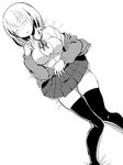 black_legwear breasts cleavage_cutout glasses greyscale highres ken_(koala) large_breasts md5_mismatch monochrome original panties pleated_skirt short_hair simple_background skirt sleeping solo sweater thighhighs underwear white_background 