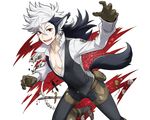  animal_ears black_hair boots fire_emblem fire_emblem_if flannel_(fire_emblem_if) gloves long_hair low_ponytail male_focus mikami multicolored_hair open_mouth red_eyes scar simple_background solo tail two-tone_hair white_background white_hair wolf_ears wolf_tail 