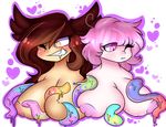  &lt;3 blush breasts brown_fur brown_hair canine duo female fur hair human invalid_background mammal nipples orange_eyes pink_eyes pink_hair razzlespup succubus tentacles were werewolf 