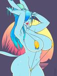  absurd_res anthro anthrofied arms_above_head big_breasts bikini blue_hair breasts clothing eeveelution female glaceon hair hi_res lipstick liveforthefunk nintendo pok&eacute;mon sling_bikini solo swimsuit video_games wide_hips 