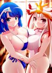  ao_no_rupika ass asymmetrical_docking backlighting barefoot beatmania beatmania_iidx bikini blue_bikini blue_eyes blue_hair blush breast_press breasts cleavage collarbone commentary_request cowboy_shot from_side hair_ornament houou_rinka ini_(mocomocccos) large_breasts long_hair looking_at_viewer multiple_girls one-piece_swimsuit red_eyes short_hair side-tie_bikini smile swimsuit thong_bikini triangle_mouth very_long_hair white_hair window 