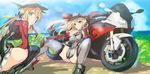  absurdres anchor_hair_ornament bismarck_(kantai_collection) blonde_hair blue_eyes bmw_s1000rr breasts chromatic_aberration detached_sleeves ground_vehicle hair_ornament hat highres kantai_collection large_breasts long_hair medium_breasts military military_uniform motor_vehicle motorcycle multiple_girls peaked_cap prinz_eugen_(kantai_collection) satou_daiji smile spread_legs squatting thighhighs twintails uniform 