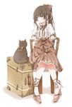  black_hair blue_eyes bow cat chair corset full_body hair_bow highres hiro_(hirohiro31) long_hair original ponytail puffy_short_sleeves puffy_sleeves shirt short_sleeves sitting skirt solo suitcase very_long_hair 