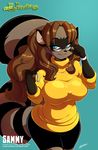  anthro big_breasts black_fur black_stripes blue_eyes breasts brown_fur brown_hair chalo eyewear facial_markings female fur glasses hair las_lindas long_hair mammal markings raccoon sammy_(chalo) smile solo stripes 