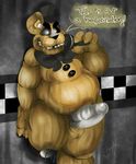  ! against_wall animatronic anthro balls bear bow button chubby claws dialogue english_text erection five_nights_at_freddy&#039;s five_nights_at_freddy&#039;s_3 freddy_(fnaf) fronnie glowing glowing_eyes hat looking_at_viewer machine male mammal microphone nude open_mouth penis raised_arm raised_leg robot smile solo standing teeth text thick_penis thick_thighs video_games wire 