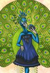  anthro avian bird claws clothing crossdressing dress fan feathers green_eyes looking_at_viewer male neoscottie peafowl solo 