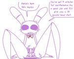  animatronic bonnie_(fnaf) bow_tie dialogue endoskeleton english_text five_nights_at_freddy&#039;s lagomorph long_ears machine mammal rabbit robot simple_background spread_legs spreading text the_weaver video_games weaver_bonnie white_background 