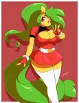  anthro big_breasts breasts chalo clothed clothing equine fan_character female fingerless_gloves fur gloves green_hair hair horse huge_breasts legwear long_hair looking_at_viewer mammal mango_(character) my_little_pony pony red_eyes smile solo standing stockings thick_thighs wide_hips yellow_fur 