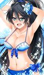  aqua_eyes armpits arms_up bad_id bad_pixiv_id bikini black_hair blue_bikini blush breasts character_name cleavage earrings fang flower ganaha_hibiki hair_flower hair_ornament high_ponytail idolmaster idolmaster_(classic) idolmaster_one_for_all inu_(marukome) jewelry large_breasts long_hair looking_at_viewer navel open_mouth ponytail smile solo sparkle sweat swimsuit very_long_hair 