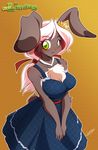  anthro big_breasts breasts chalo chest_tuft clothed clothing female fur green_eyes grey_fur hair lagomorph las_lindas long_hair mammal pink_hair rabbit smile taffy_(las_lindas) tuft white_fur 