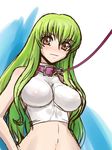  blush breasts brown_eyes c.c. code_geass collar dog_collar green_hair halter_top halterneck impossible_clothes large_breasts leash light_smile long_hair sketch solo zero_hime 