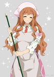  :3 apron brown_hair closed_eyes grey_background hair_ornament head_scarf idolmaster idolmaster_cinderella_girls long_hair mizuki_makoto moroboshi_kirari smile solo star 